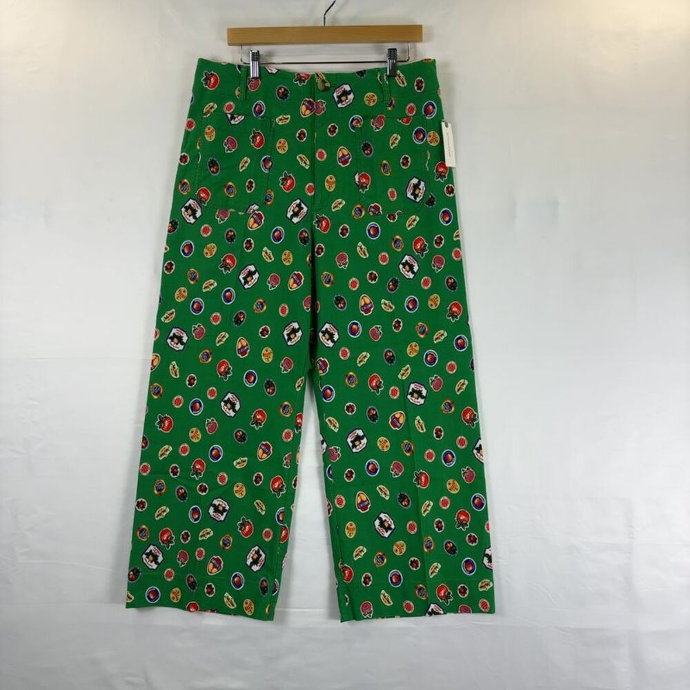 Anthropologie Green Wide-Leg Pants with Multicolor Dot Print